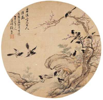 张熊 乙亥（1875年）作 梅竹鹊嬉图 团扇面